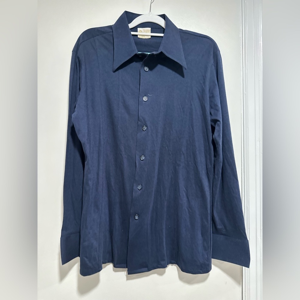 Vintage 70s Men’s Sz: XL Kings Road Point Collar Navy Blue disco Button Down.